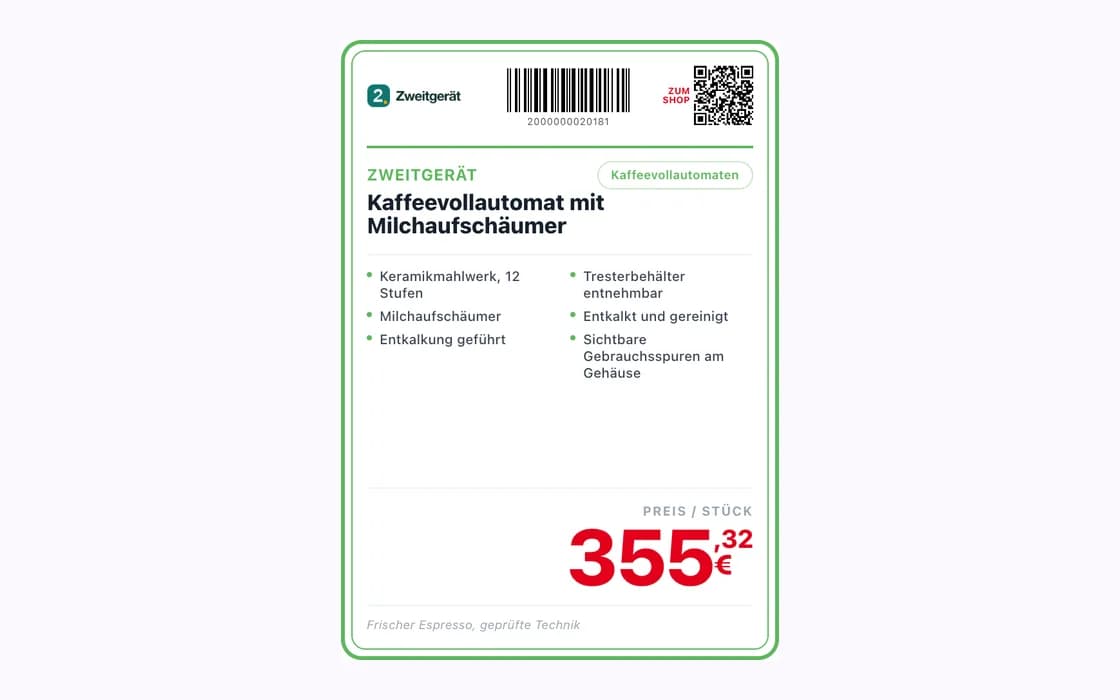 Bildschirmfoto: fertiges Preisschild mit Händlerlogo, Strichcode, QR-Code, sechs Ausstattungspunkten und großem Preis.