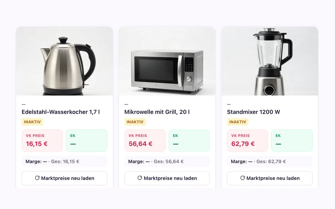 Bildschirmfoto der Produktliste: drei Artikel mit Foto, Verkaufspreis, Einkaufspreis und Marge.